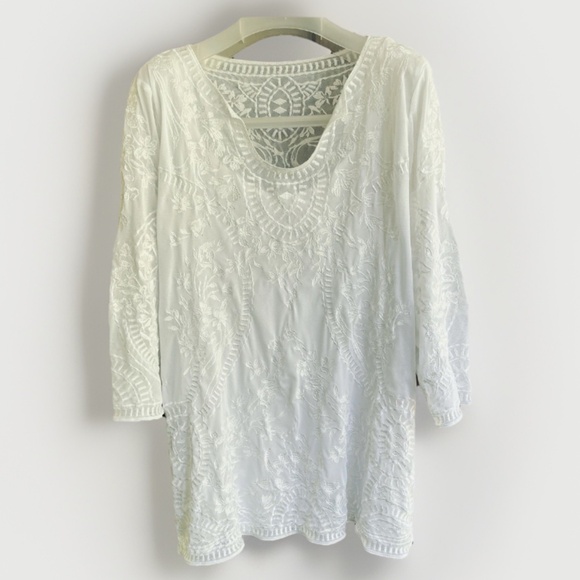 White House Black Market Women’s Mesh Sheer White Embroidered Tunic Top Size L - Picture 1 of 13